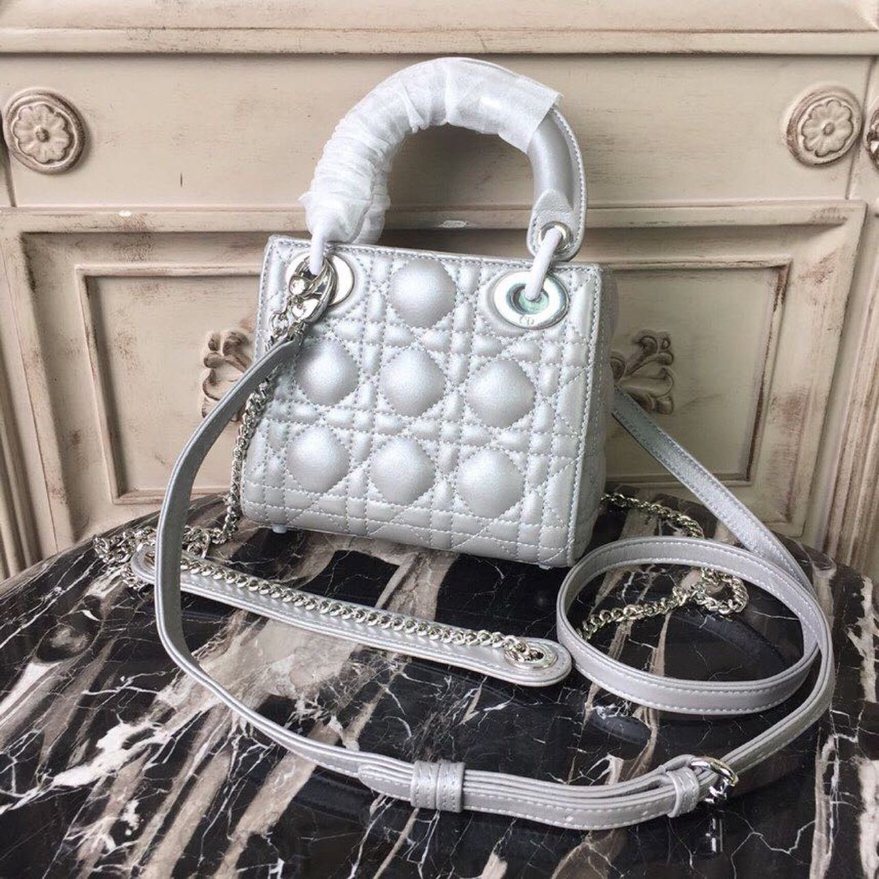 Christian Dior Mini Lady Dior Bag 18cm with Chain Silver Hardware Lambskin Leather Spring/Summer Collection, Pearl Gold