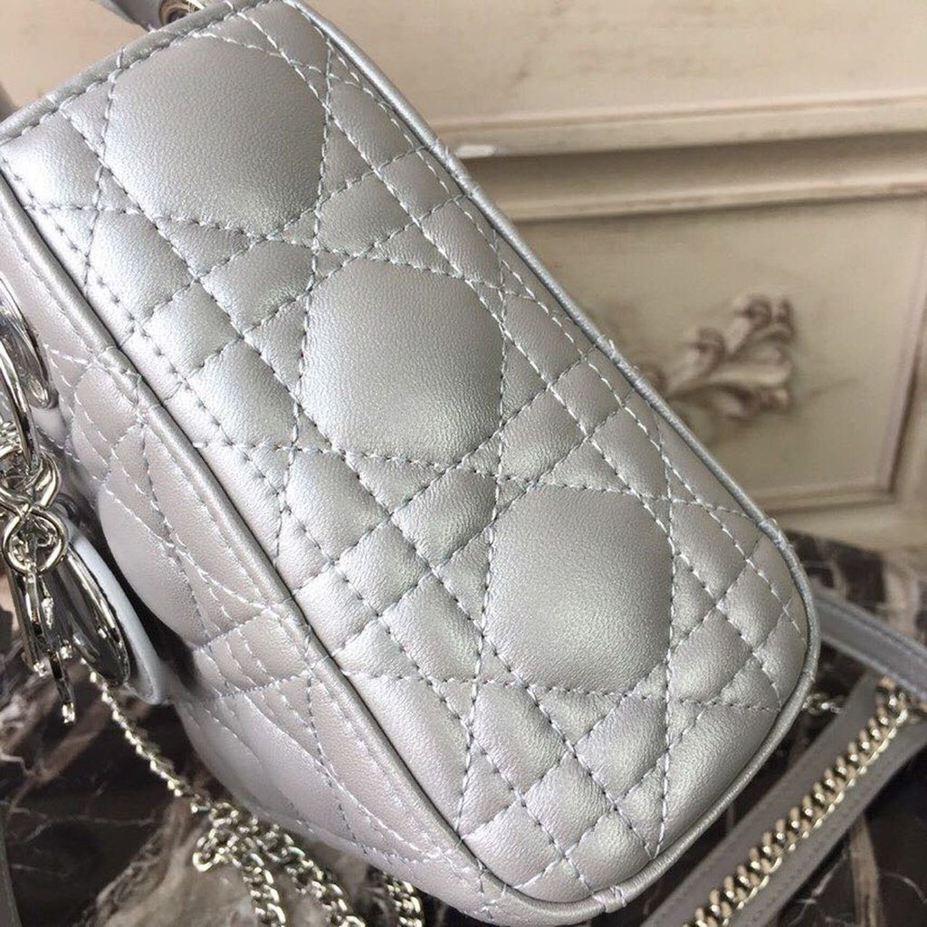 Christian Dior Mini Lady Dior Bag 18cm with Chain Silver Hardware Lambskin Leather Spring/Summer Collection, Pearl Gold