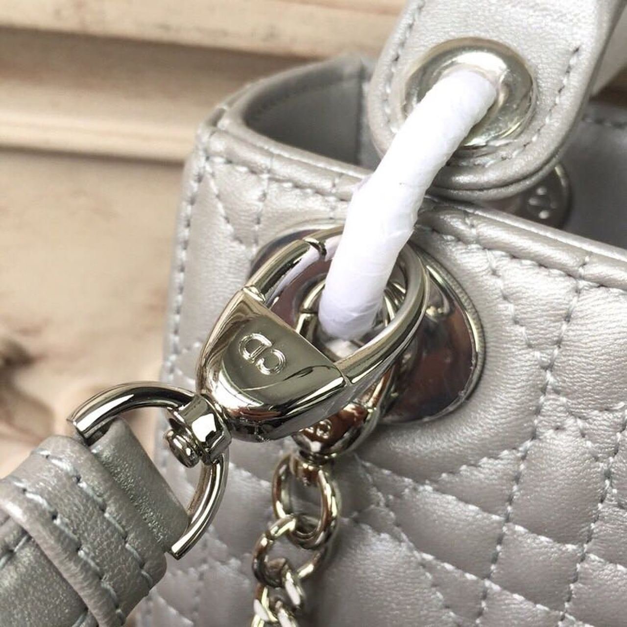Christian Dior Mini Lady Dior Bag 18cm with Chain Silver Hardware Lambskin Leather Spring/Summer Collection, Pearl Gold