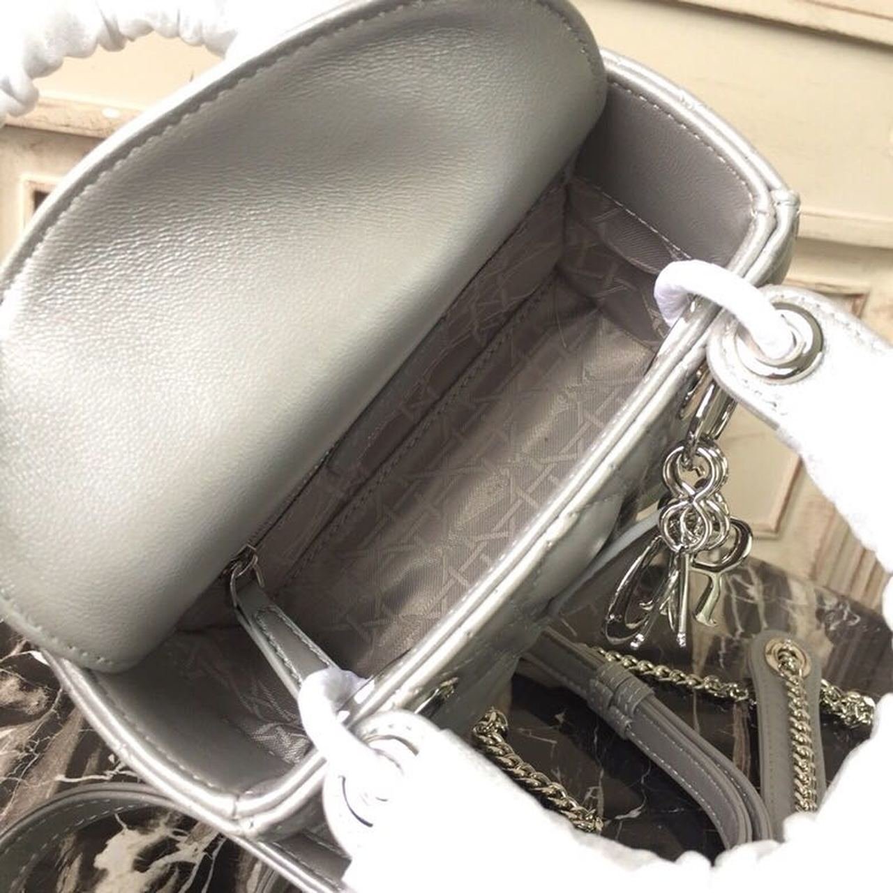 Christian Dior Mini Lady Dior Bag 18cm with Chain Silver Hardware Lambskin Leather Spring/Summer Collection, Pearl Gold