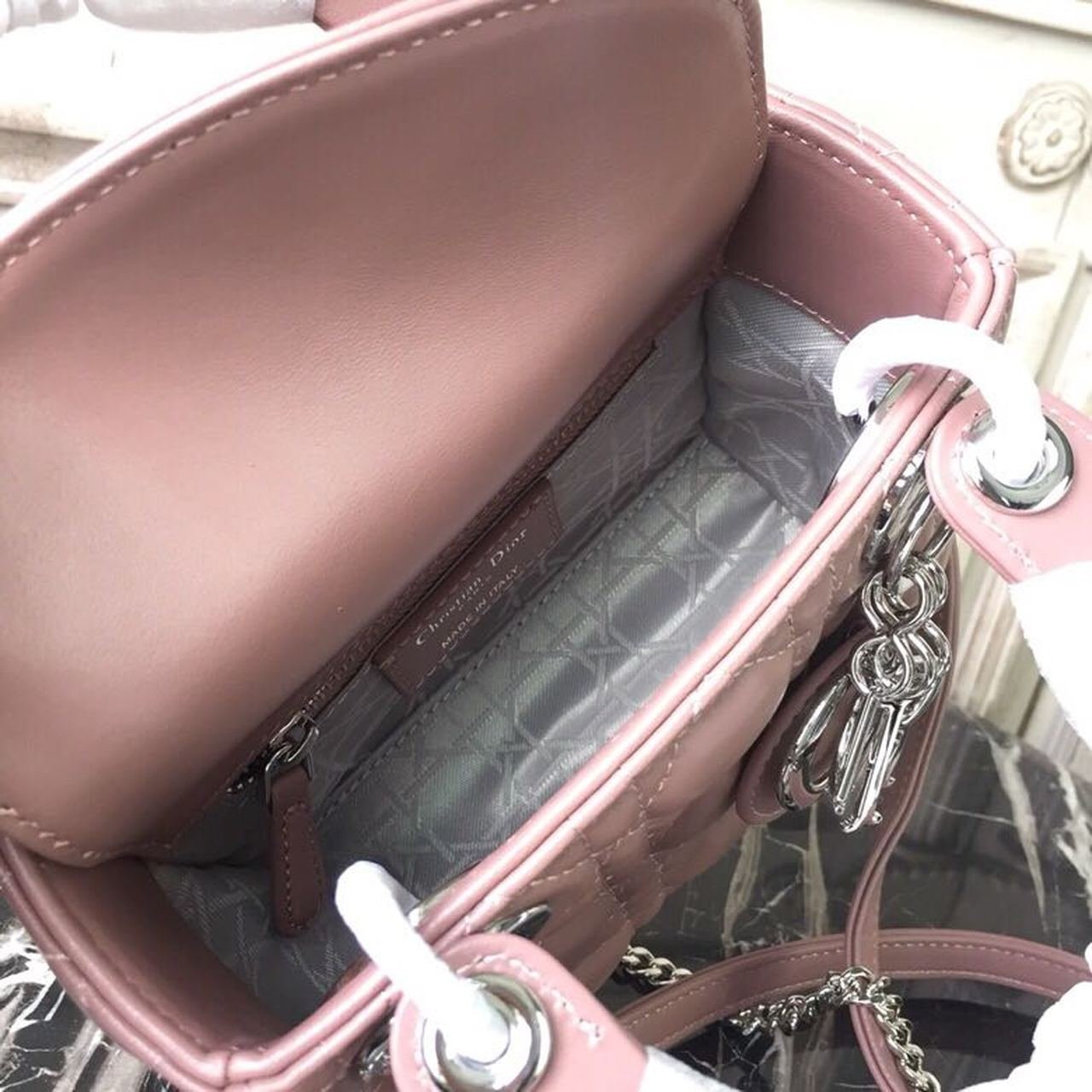 Christian Dior Mini Lady Dior Bag 18cm with Chain Silver Hardware Lambskin Leather Spring/Summer Collection, Dusty Pink