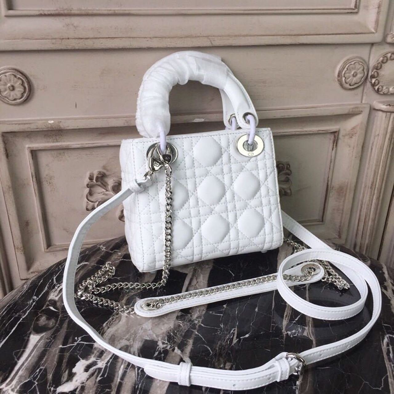 Christian Dior Mini Lady Dior Bag 18cm with Chain Silver Hardware Lambskin Leather Spring/Summer Collection, White