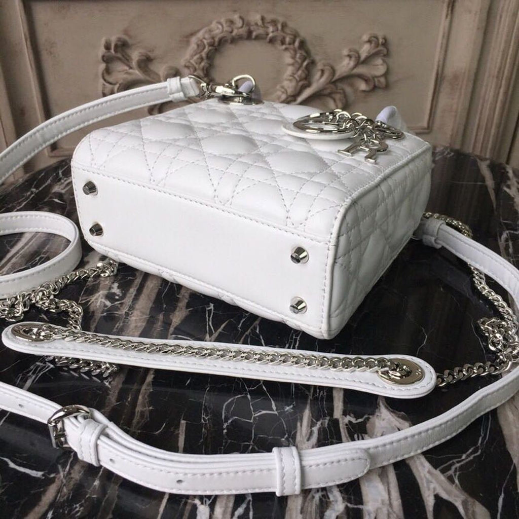 Christian Dior Mini Lady Dior Bag 18cm with Chain Silver Hardware Lambskin Leather Spring/Summer Collection, White