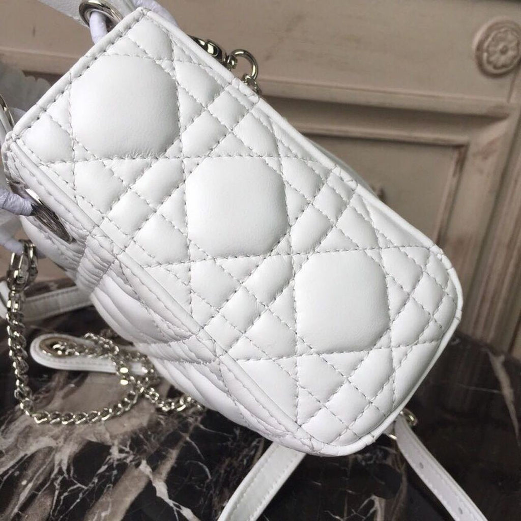 Christian Dior Mini Lady Dior Bag 18cm with Chain Silver Hardware Lambskin Leather Spring/Summer Collection, White