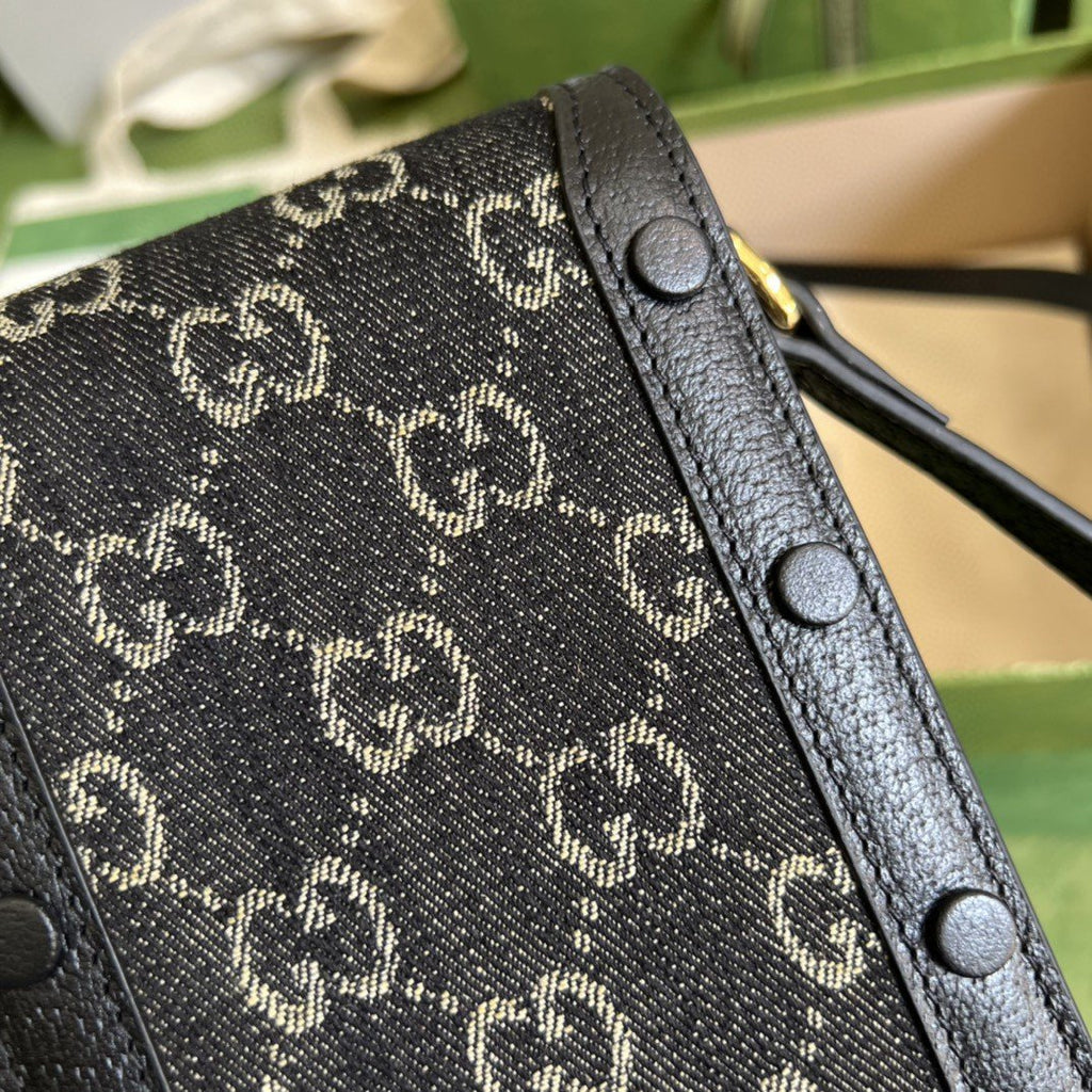 Gucci Horsebit 1955 Mini Bag Black And Ivory GG Denim Jacquard For Women 6.7in/17cm