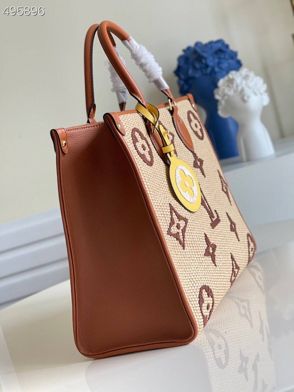 Louis Vuitton OnTheGo MM Bag 35cm Raffia/Cowhide Leather Spring/Summer Collection M57707 Tan