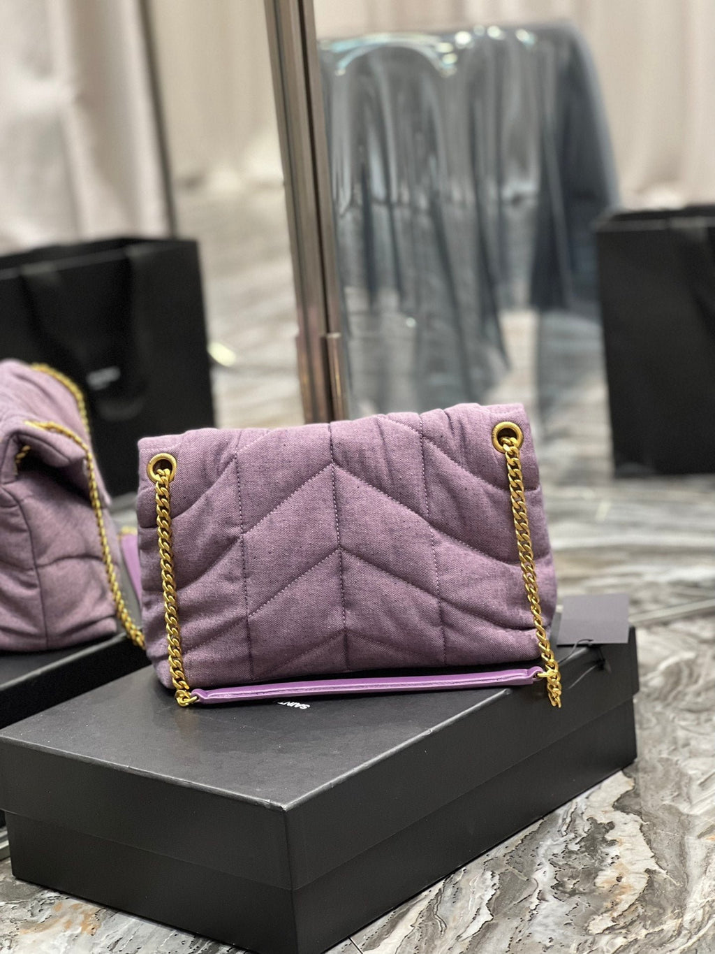 Saint Laurent Puffer Small Chain Bag In Denim 29cm