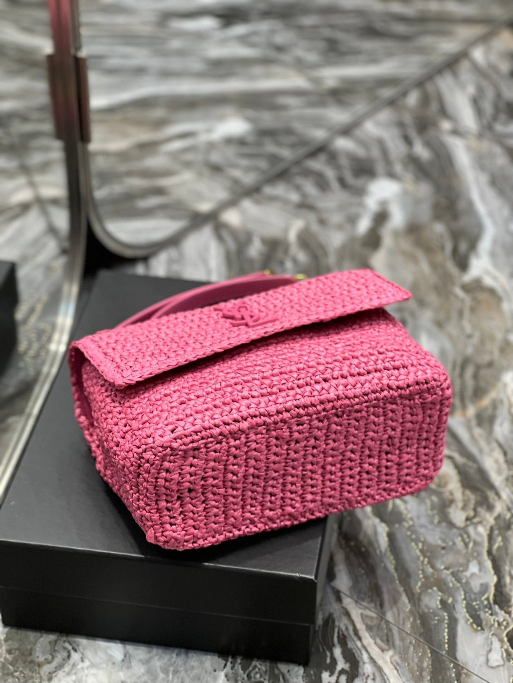 Saint Laurent Niki Medium Chain Bag In Rafia For Women 28cm Pink YSL 632539FAABR9083