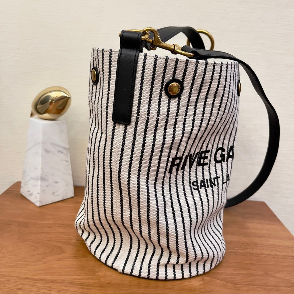Saint Laurent Rive Gauche Bucket Bag In Striped Canvas For Women 30cm Black And White YSL 669299FAAE59583