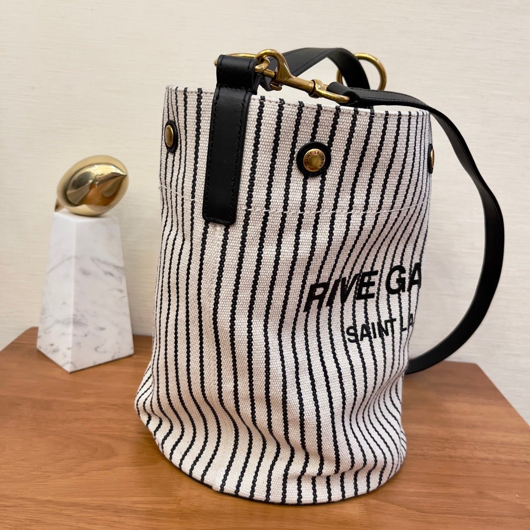 Saint Laurent Rive Gauche Bucket Bag In Striped Canvas For Women 30cm Black And White YSL 669299FAAE59583