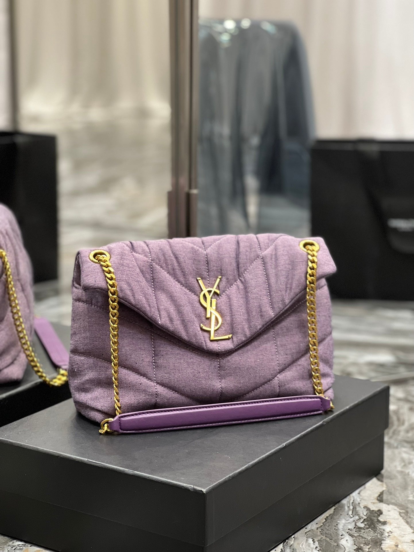 Saint Laurent Puffer Small Chain Bag In Denim 29cm