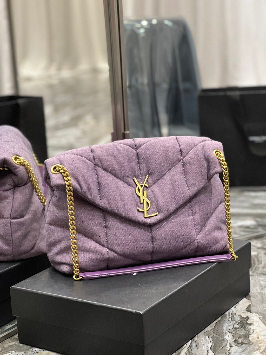 Saint Laurent Puffer Small Chain Bag In Denim 35cm
