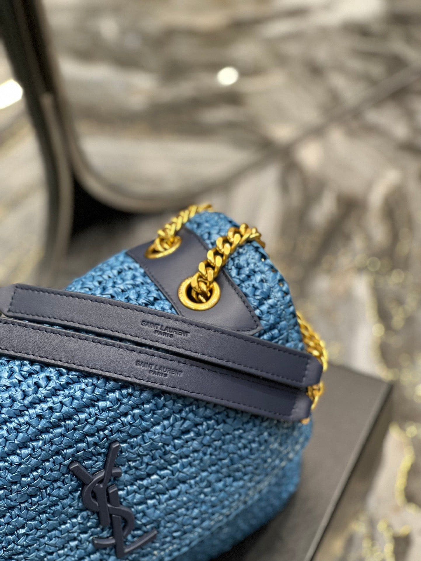 Saint Laurent Niki Medium Chain Bag In Rafia For Women 28cm Blue YSL 633187GG66W4246