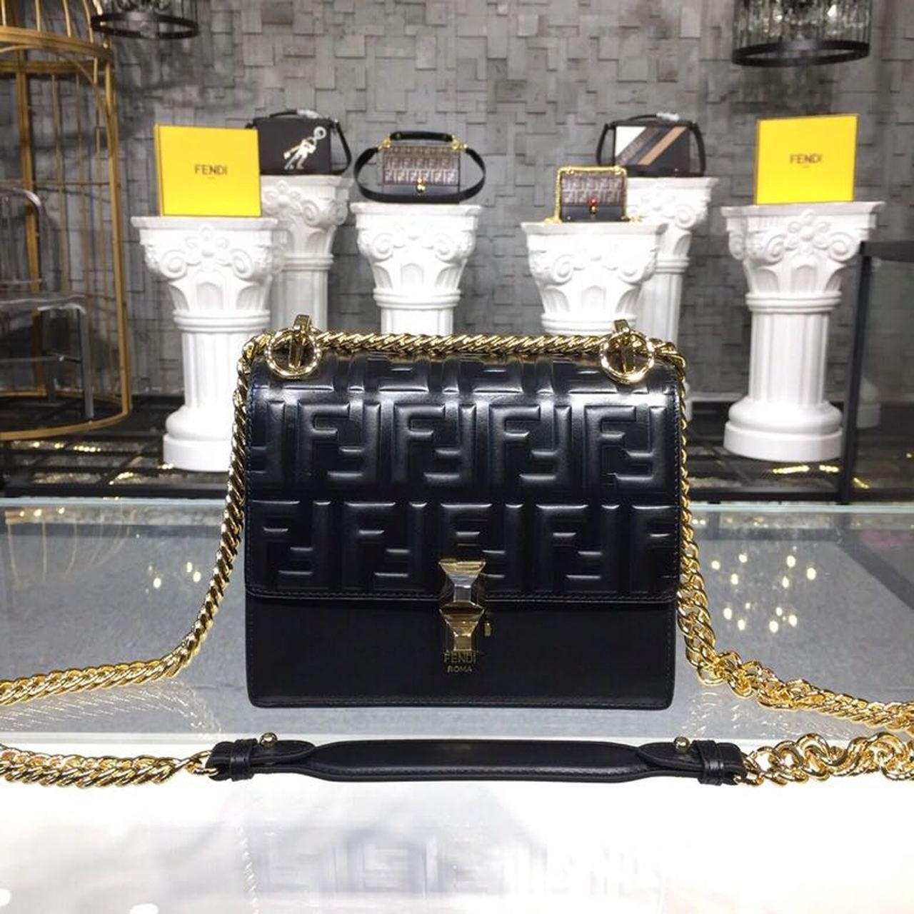 Fendi FF Logo Kan I Bag 20cm Calfskin Leather Spring/Summer Collection Black