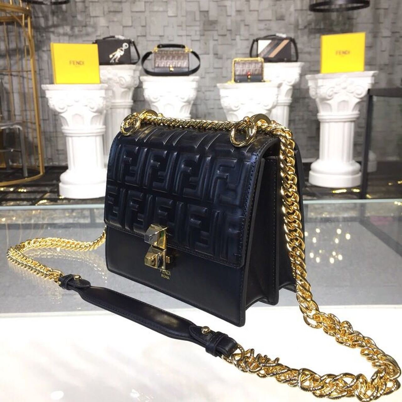 Fendi FF Logo Kan I Bag 20cm Calfskin Leather Spring/Summer Collection Black