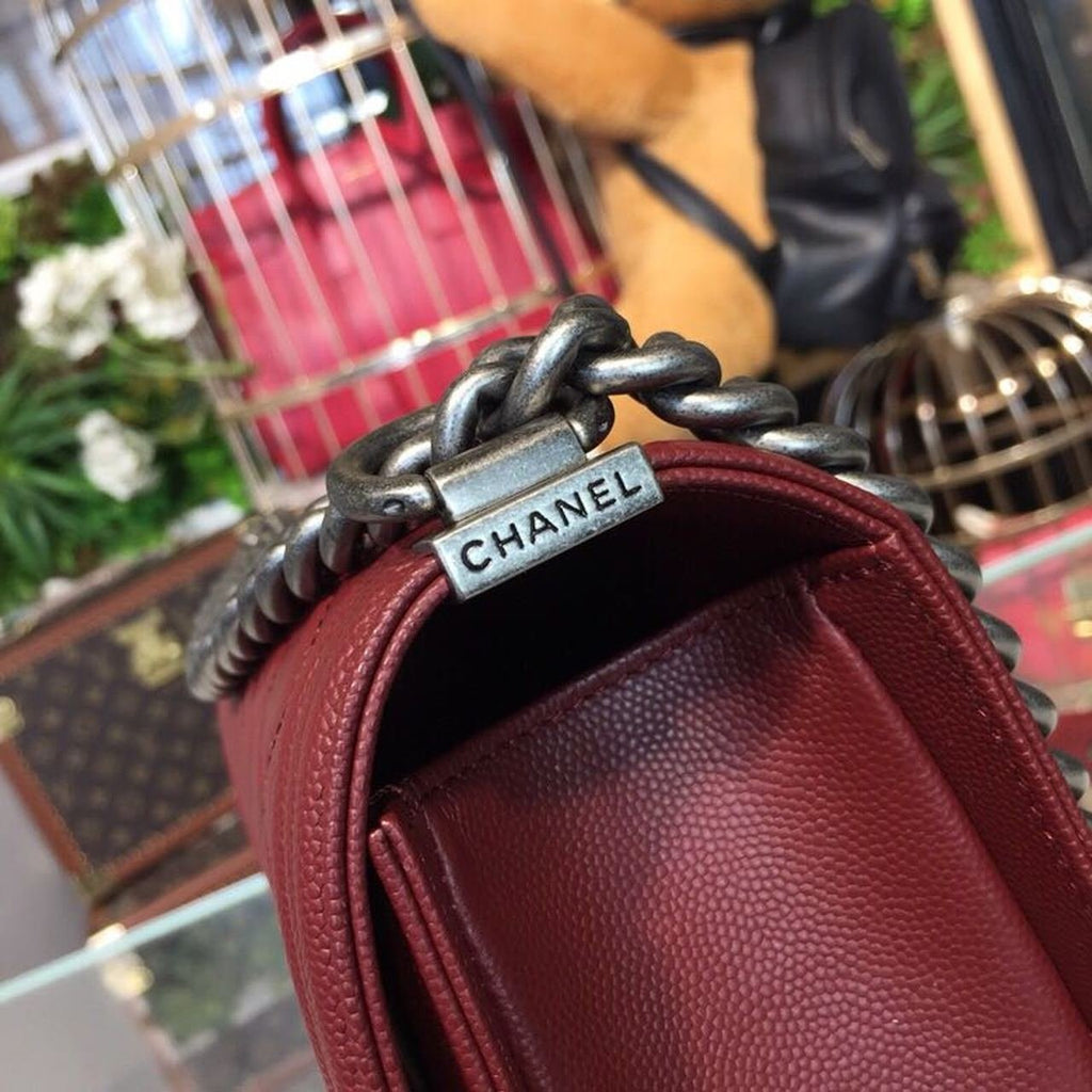 Chanel Boy Bag 25cm Caviar Leather Antique Silver Hardware Spring/Summer Act 1 Collection Burgundy