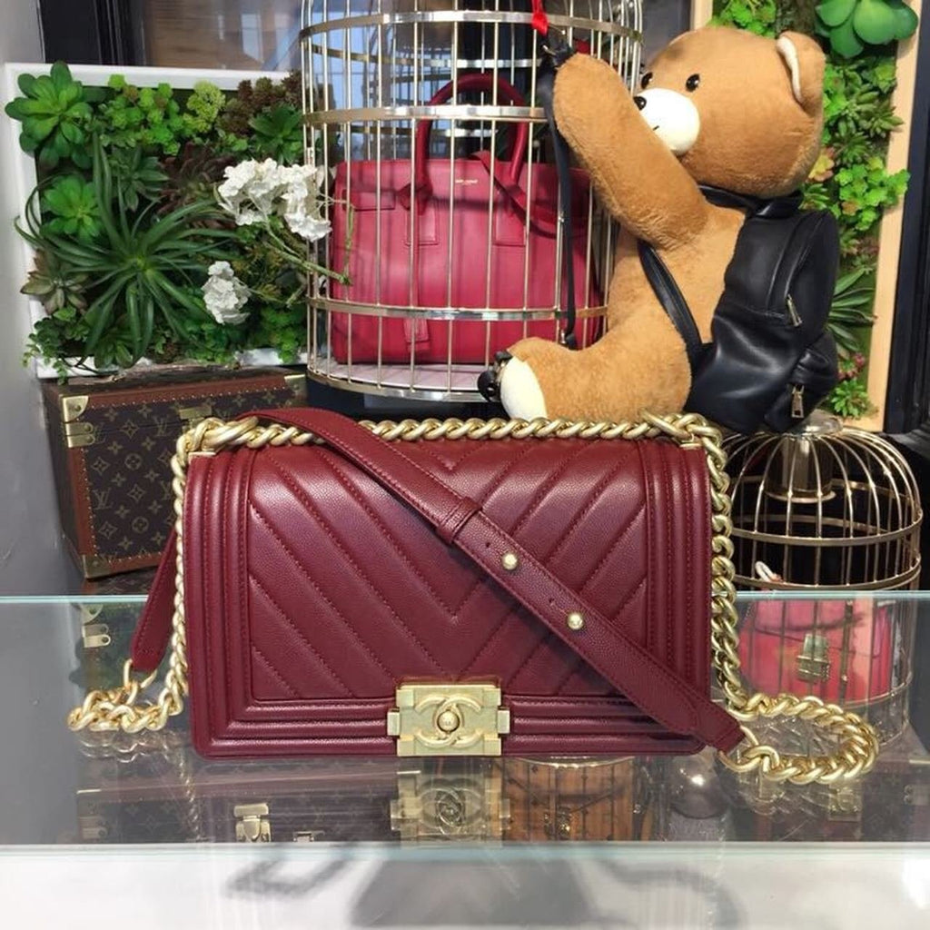 Chanel Chevron Boy Bag 25cm Caviar Leather Gold Hardware Spring/Summer Act 1 Collection Burgundy