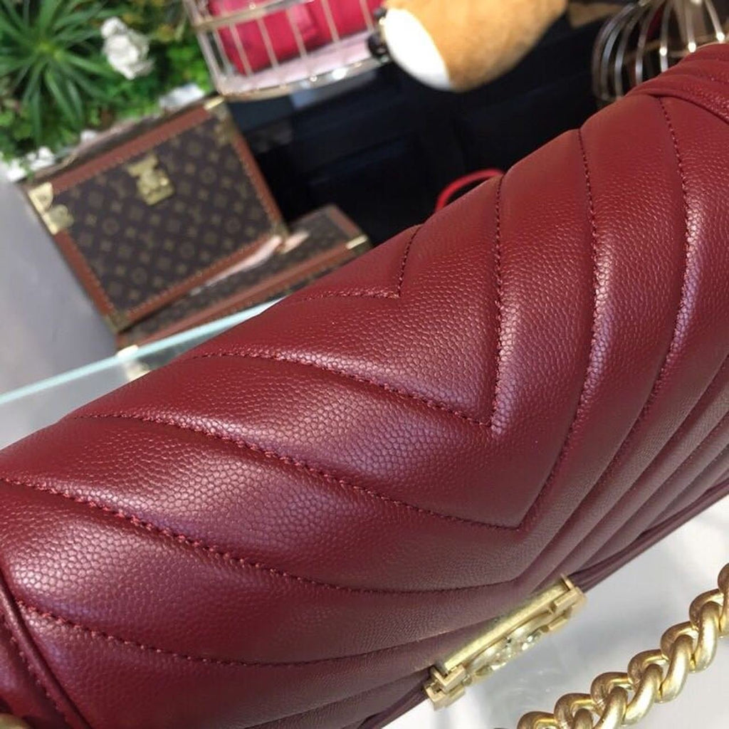 Chanel Chevron Boy Bag 25cm Caviar Leather Gold Hardware Spring/Summer Act 1 Collection Burgundy