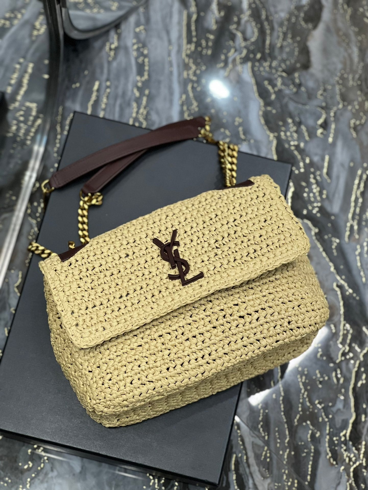 Saint Laurent Niki Medium Chain Bag In Rafia For Women 28cm Brown YSL 633187GG66W7069
