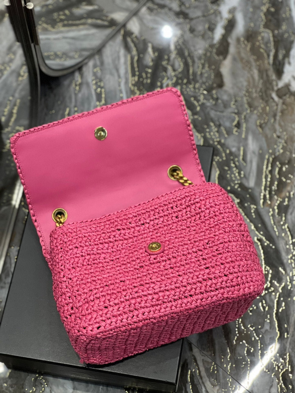 Saint Laurent Niki Medium Chain Bag In Rafia For Women 28cm Pink YSL 632539FAABR9083