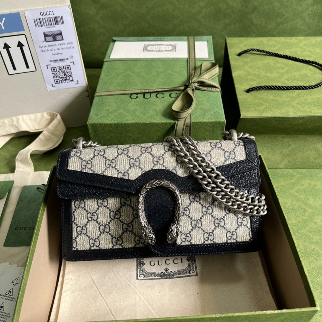 Gucci Dionysus Small GG Shoulder Bag Beige And Blue GG Supreme Canvas For Women 10in/25cm