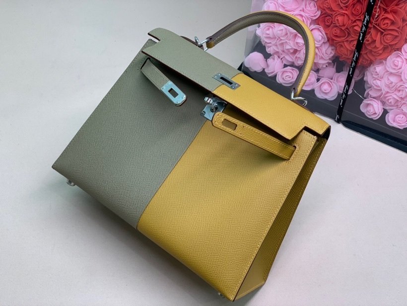 Hermes Kelly 28 Sellier Epsom Bag Grey/Yellow For Women, Women’s Handbags, Shoulder Bags 11in/28cm