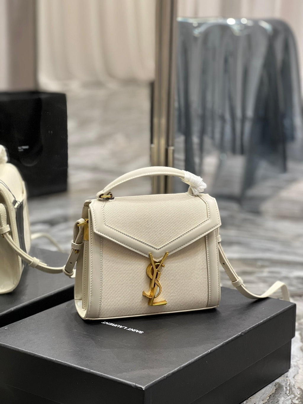 Saint Laurent Cassandra Mini Top Handle Bag In Canvas White For Women 20cm YSL 623930FAACS9771