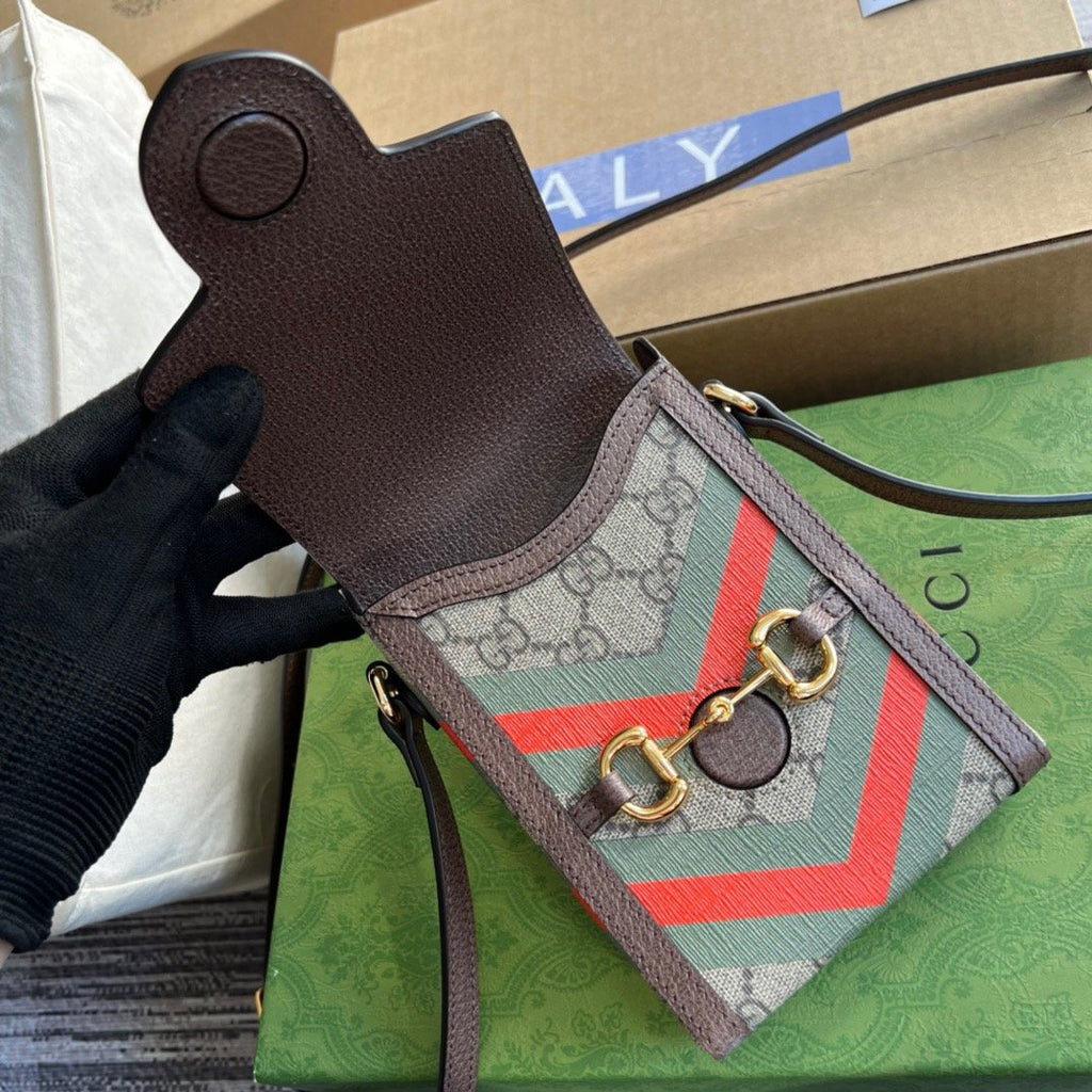 Gucci Horsebit 1955 Mini Bag Beige And Ebony GG Supreme Canvas With Geometric Print For Women 6.7in/17cm