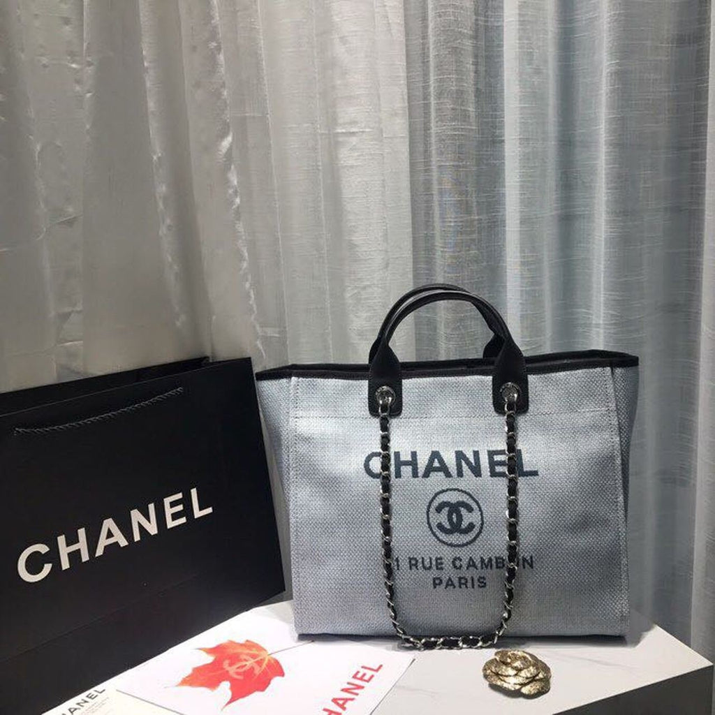 Chanel Deauville Tote 38cm Canvas Bag Spring/Summer Collection Light Grey/Black/Multi