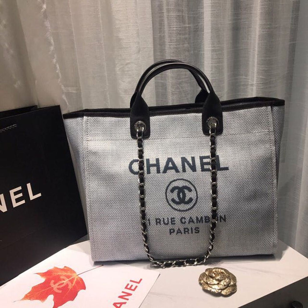 Chanel Deauville Tote 38cm Canvas Bag Spring/Summer Collection Light Grey/Black/Multi