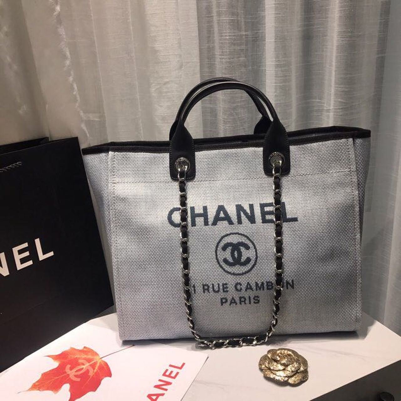 Chanel Deauville Tote 38cm Canvas Bag Spring/Summer Collection Light Grey/Black/Multi