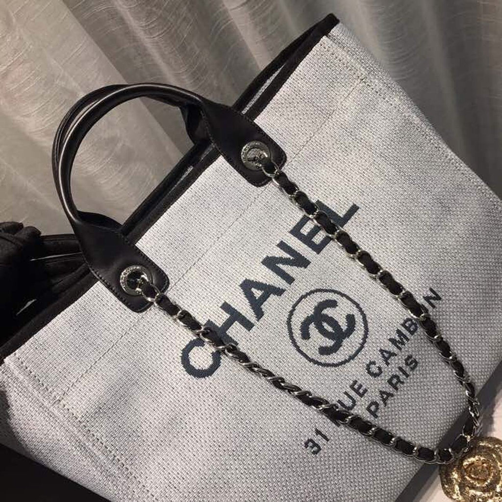 Chanel Deauville Tote 38cm Canvas Bag Spring/Summer Collection Light Grey/Black/Multi