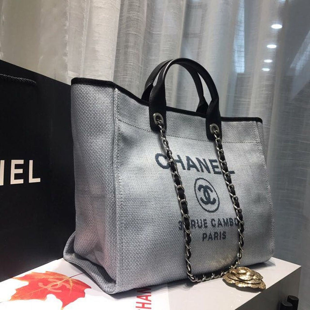 Chanel Deauville Tote 38cm Canvas Bag Spring/Summer Collection Light Grey/Black/Multi