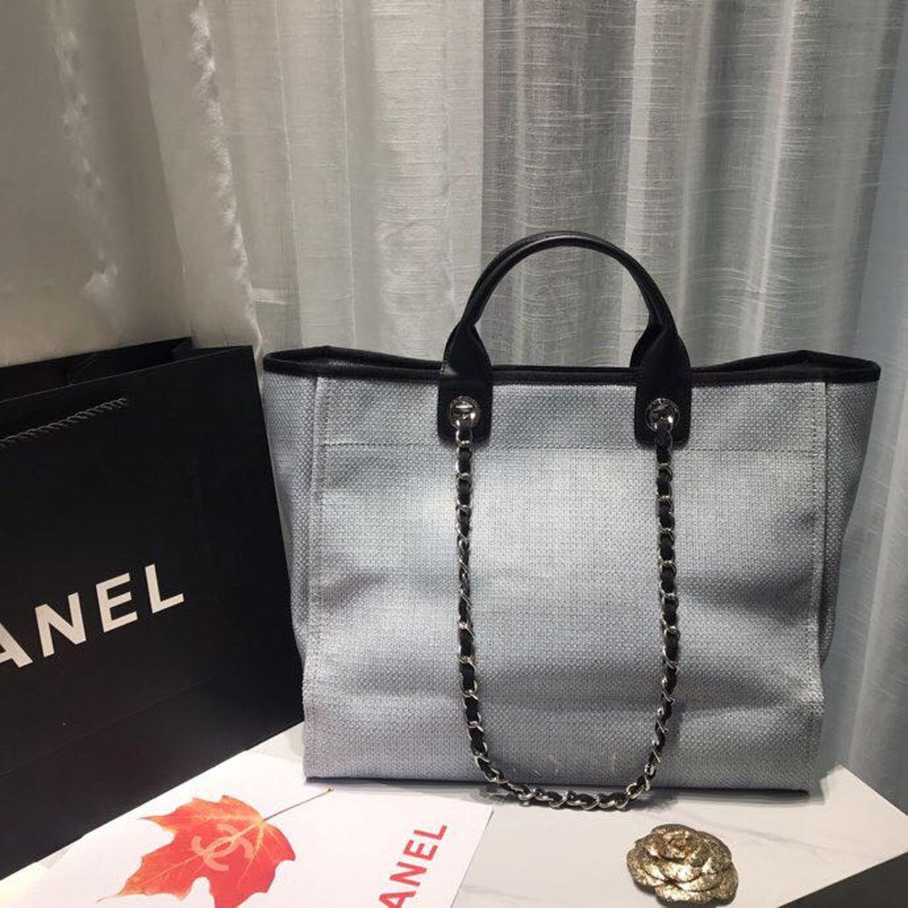 Chanel Deauville Tote 38cm Canvas Bag Spring/Summer Collection Light Grey/Black/Multi