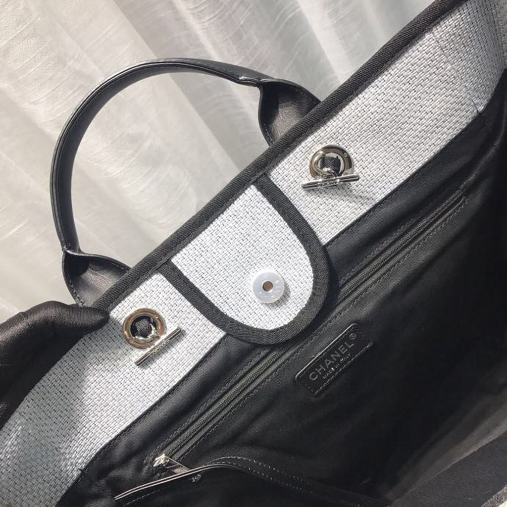 Chanel Deauville Tote 38cm Canvas Bag Spring/Summer Collection Light Grey/Black/Multi