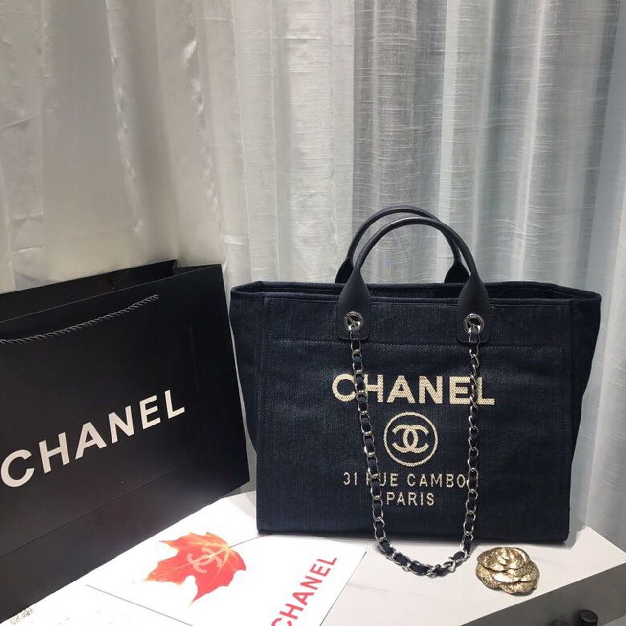 Chanel Deauville Tote 38cm Canvas Bag Spring/Summer Collection Dark Blue Denim/White