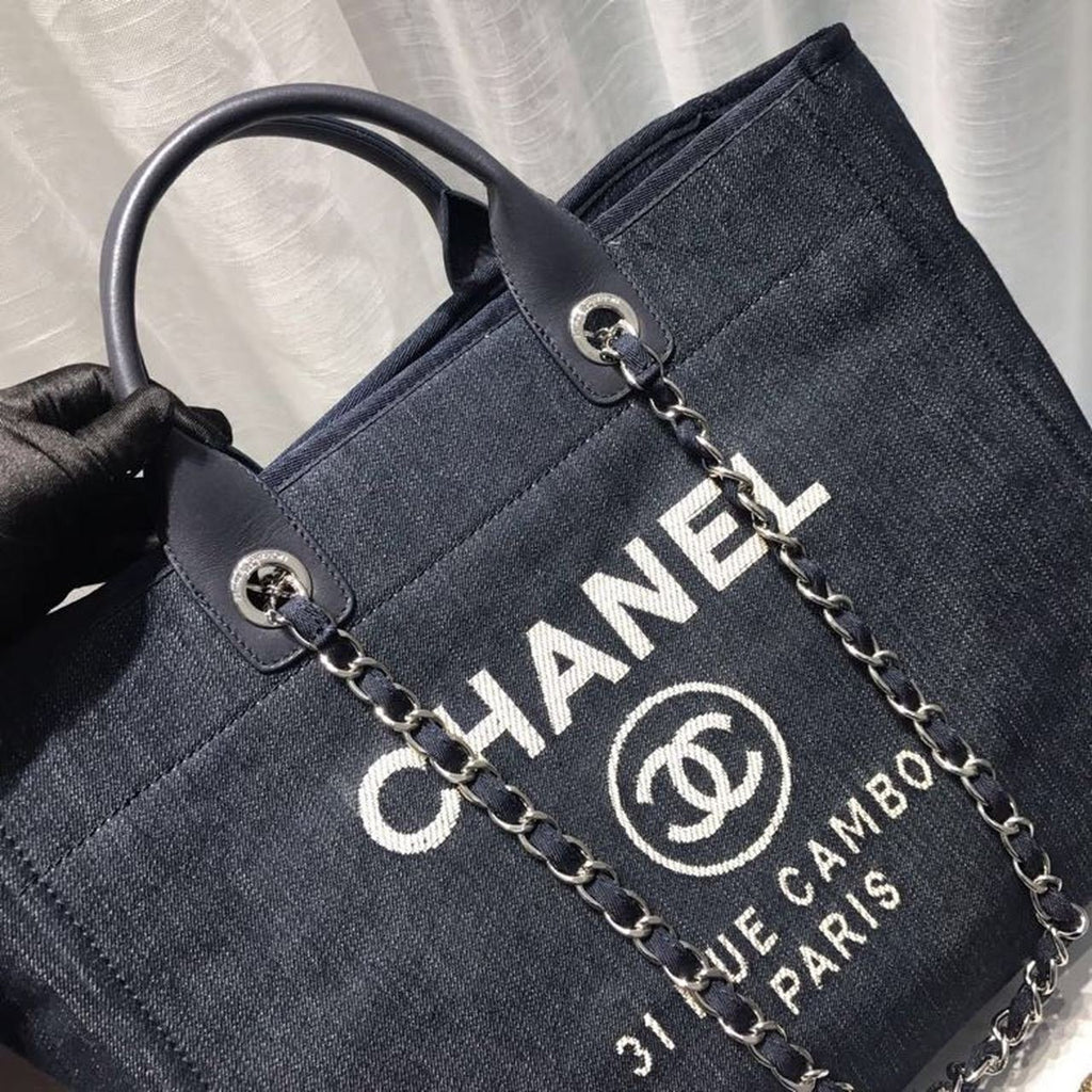 Chanel Deauville Tote 38cm Canvas Bag Spring/Summer Collection Dark Blue Denim/White