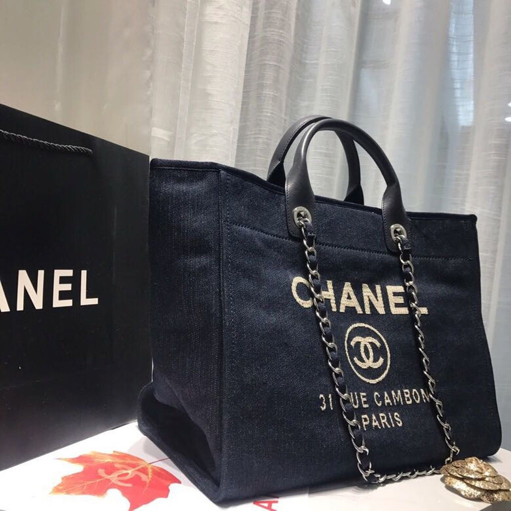 Chanel Deauville Tote 38cm Canvas Bag Spring/Summer Collection Dark Blue Denim/White