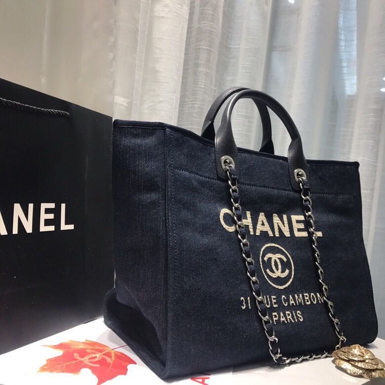 Chanel Deauville Tote 38cm Canvas Bag Spring/Summer Collection Dark Blue Denim/White