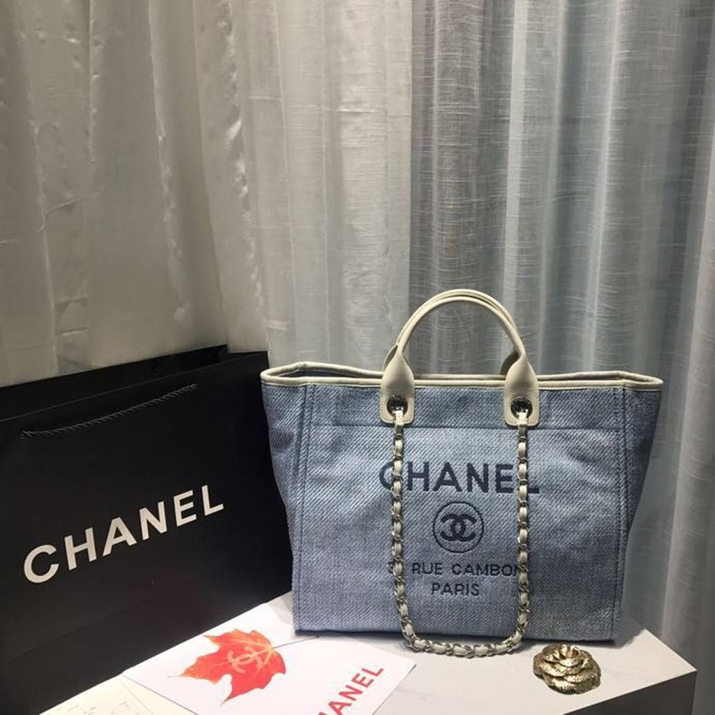 Chanel Deauville Tote 38cm Canvas Bag Spring/Summer Collection Light Blue Denim/White