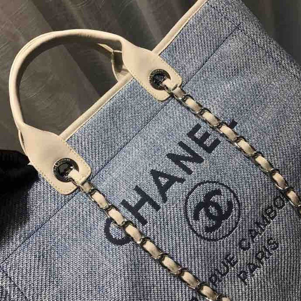 Chanel Deauville Tote 38cm Canvas Bag Spring/Summer Collection Light Blue Denim/White