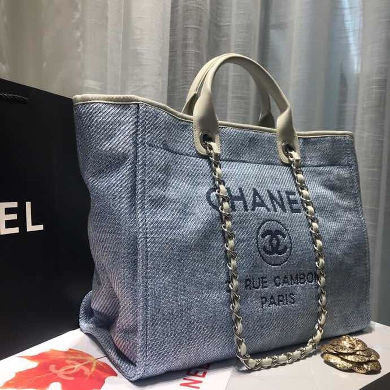 Chanel Deauville Tote 38cm Canvas Bag Spring/Summer Collection Light Blue Denim/White