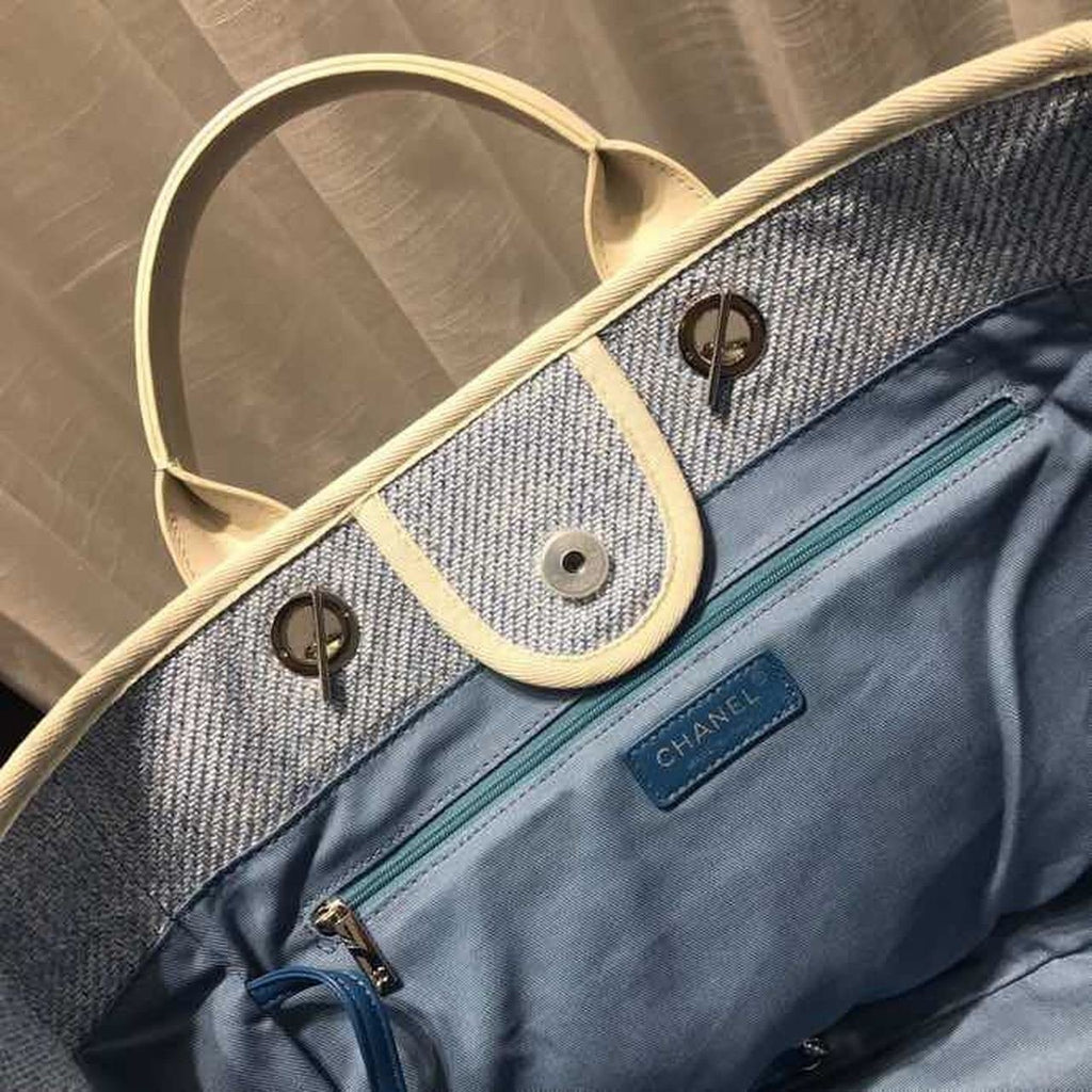 Chanel Deauville Tote 38cm Canvas Bag Spring/Summer Collection Light Blue Denim/White