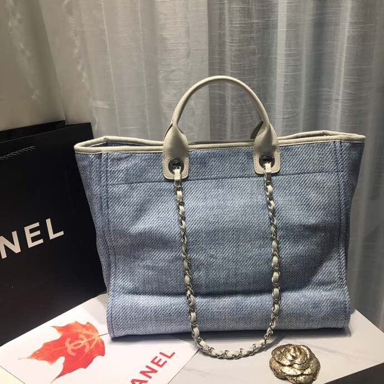 Chanel Deauville Tote 38cm Canvas Bag Spring/Summer Collection Light Blue Denim/White