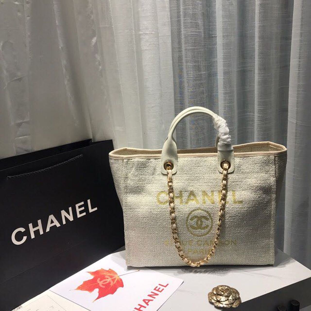 Chanel Deauville Tote 38cm Canvas Bag Spring/Summer Collection, Beige/Cream/Gold/Multi
