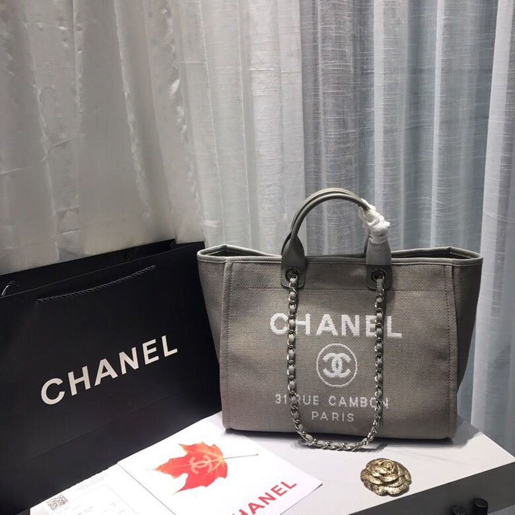 Chanel Deauville Tote 38cm Canvas Bag Spring/Summer Collection, Light Grey/White