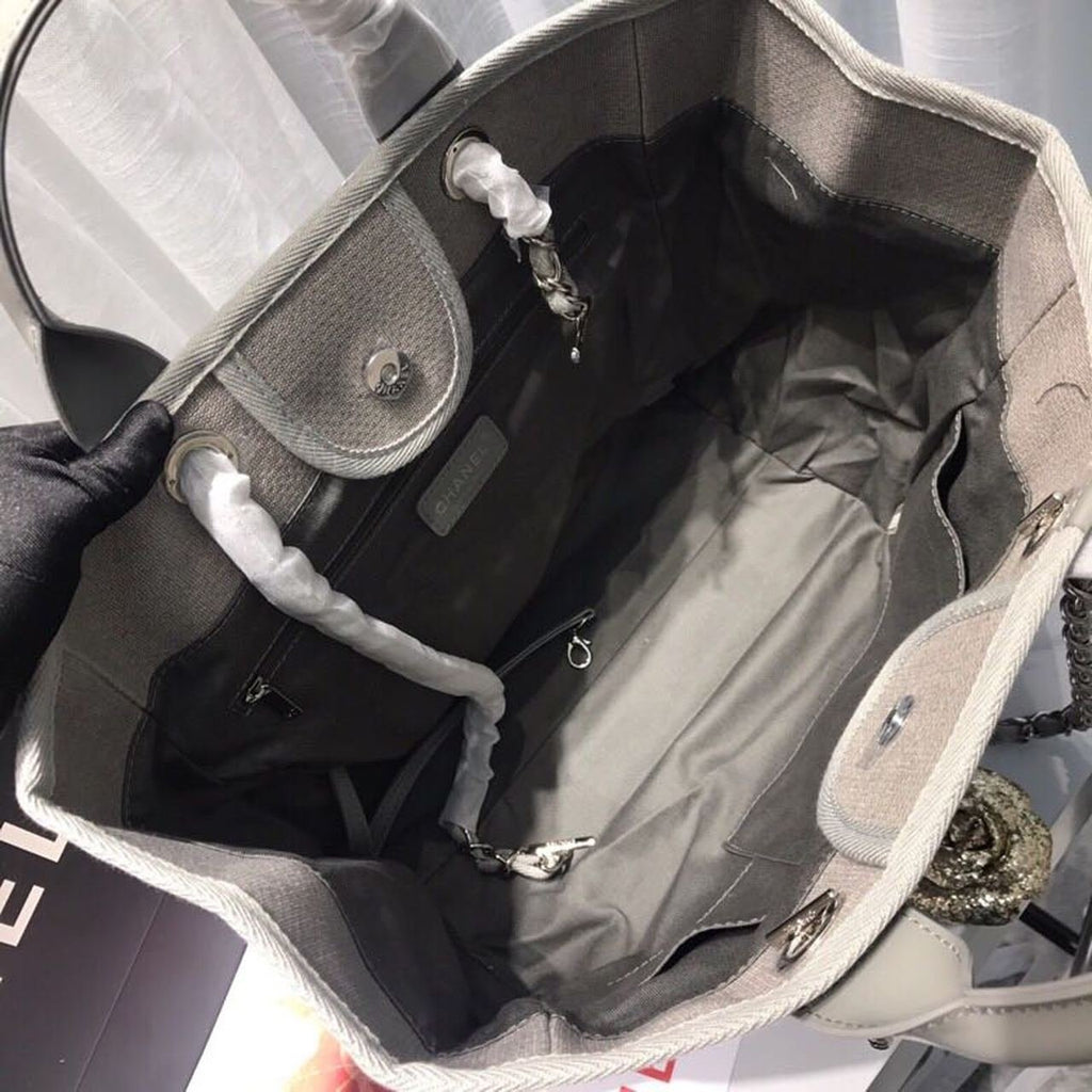 Chanel Deauville Tote 38cm Canvas Bag Spring/Summer Collection, Light Grey/White