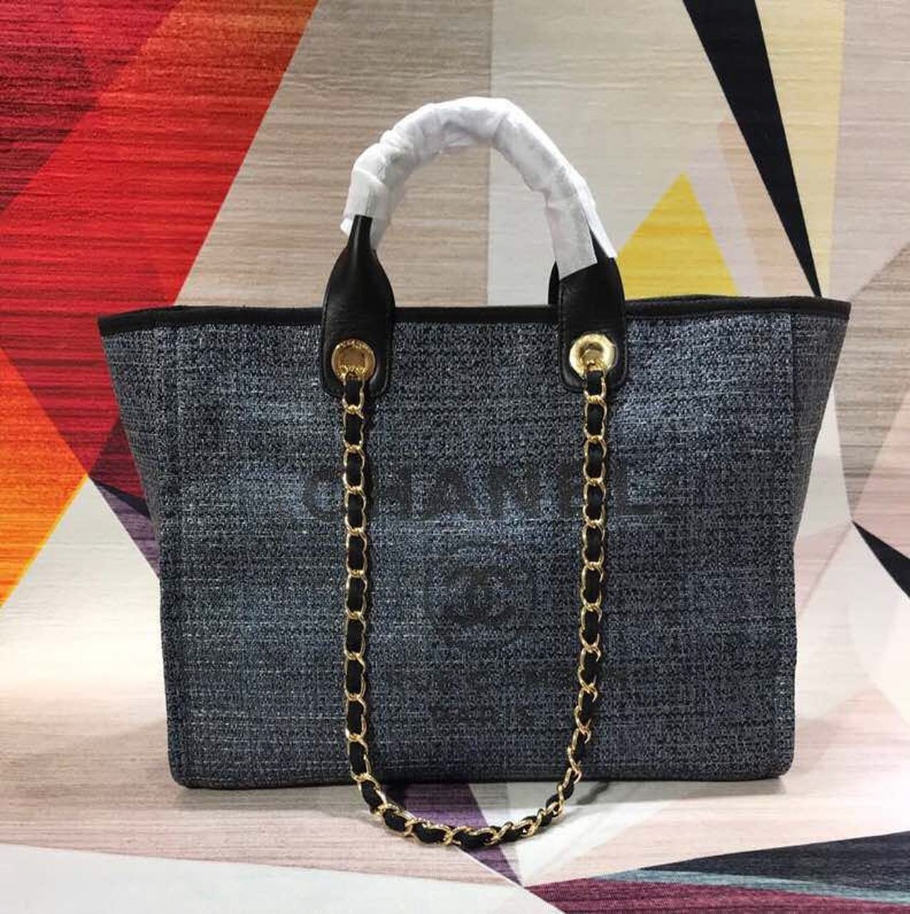 Chanel Deauville Tote 38cm Canvas Bag Spring/Summer Collection Black/Dark Denim
