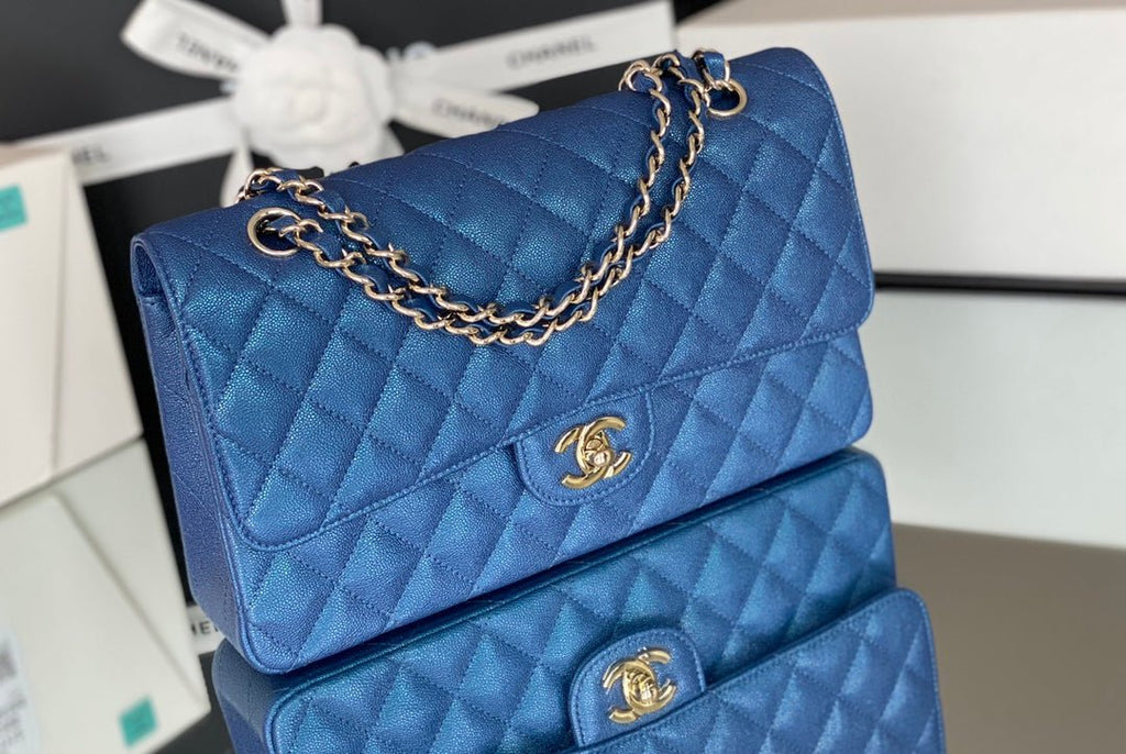 Chanel Classic Flapbag Silver Hardware 26cm Blue