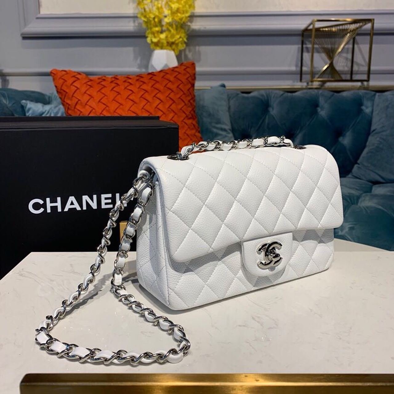 Chanel New Mini Flap Bag 20cm Silver Hardware Lambskin Leather Spring/Summer Collection White